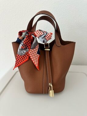 Brown Leather Tote Bag with Decorative Scarf